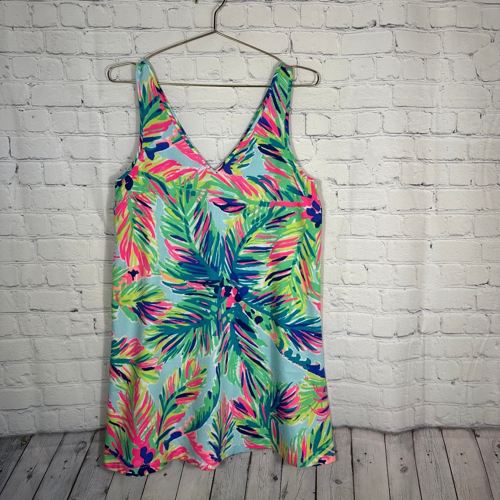 Lilly Pulitzer Women Pink Green Blue Tropical Palm Leaf V-Neck Shift Dress Sz‎ S